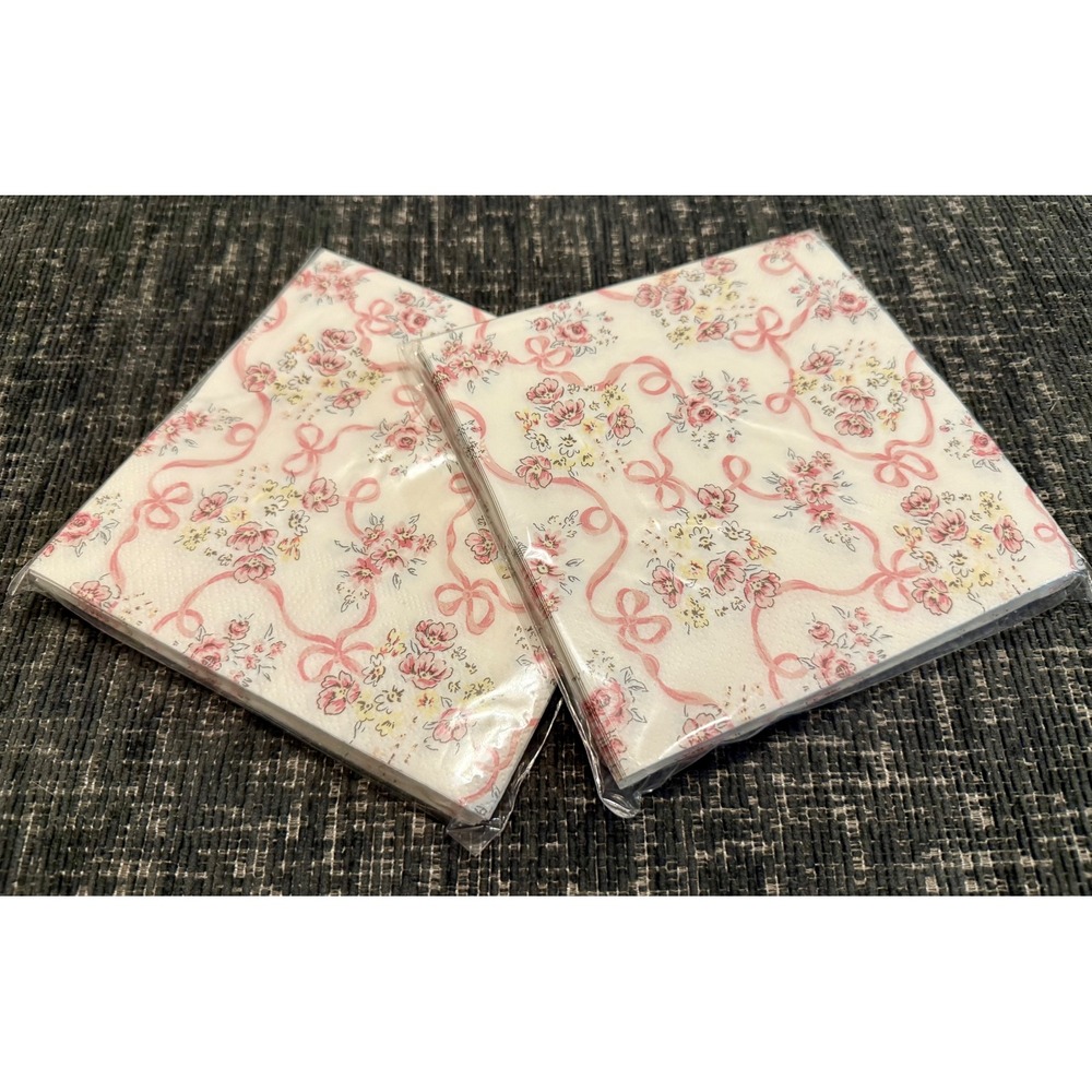 Amscan Luncheon Napkins Pink White New Floral Bows 2 Packs 32ct 2-Ply